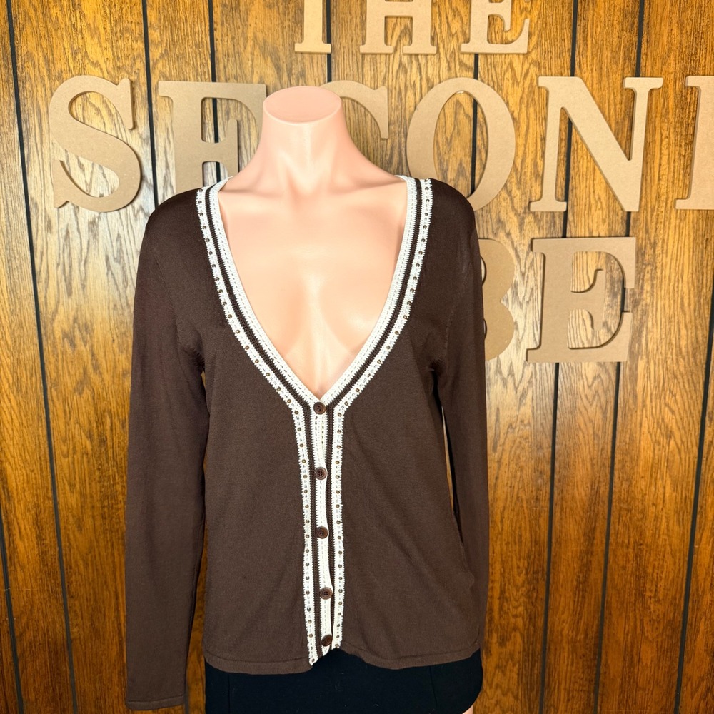 Jones Wear Cardigan Sweater Womens S Brown Boho Cottagecore Crochet Lace Trim